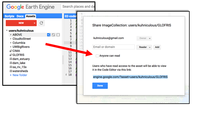 Programming interface of Google Earth Engine©. The red polygon is