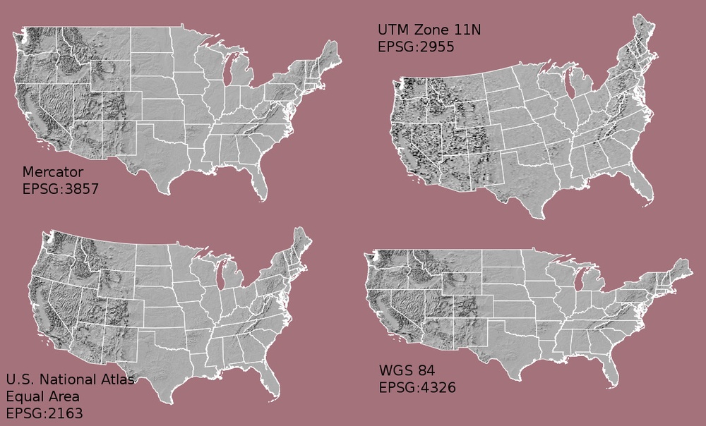 Maps of the United States in different projections